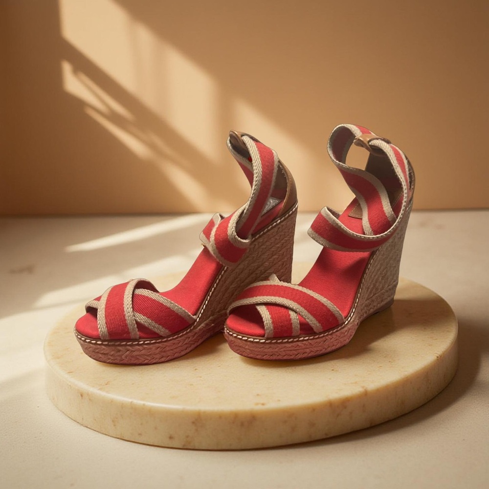 Tory Burch Red and Tan Wedge Sandals